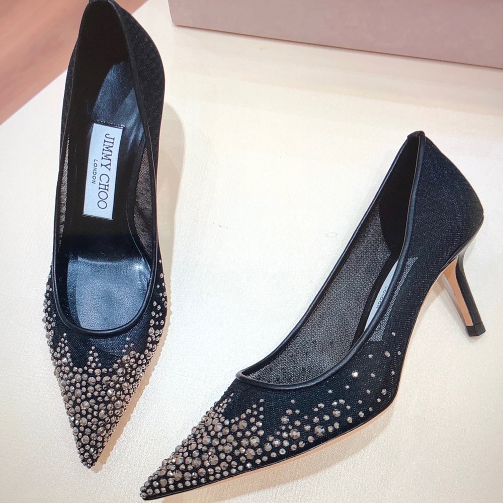 Jimmy Choo Black Pointed-Toe Mesh Flats with Crystal Studs - Picture 4 of 5